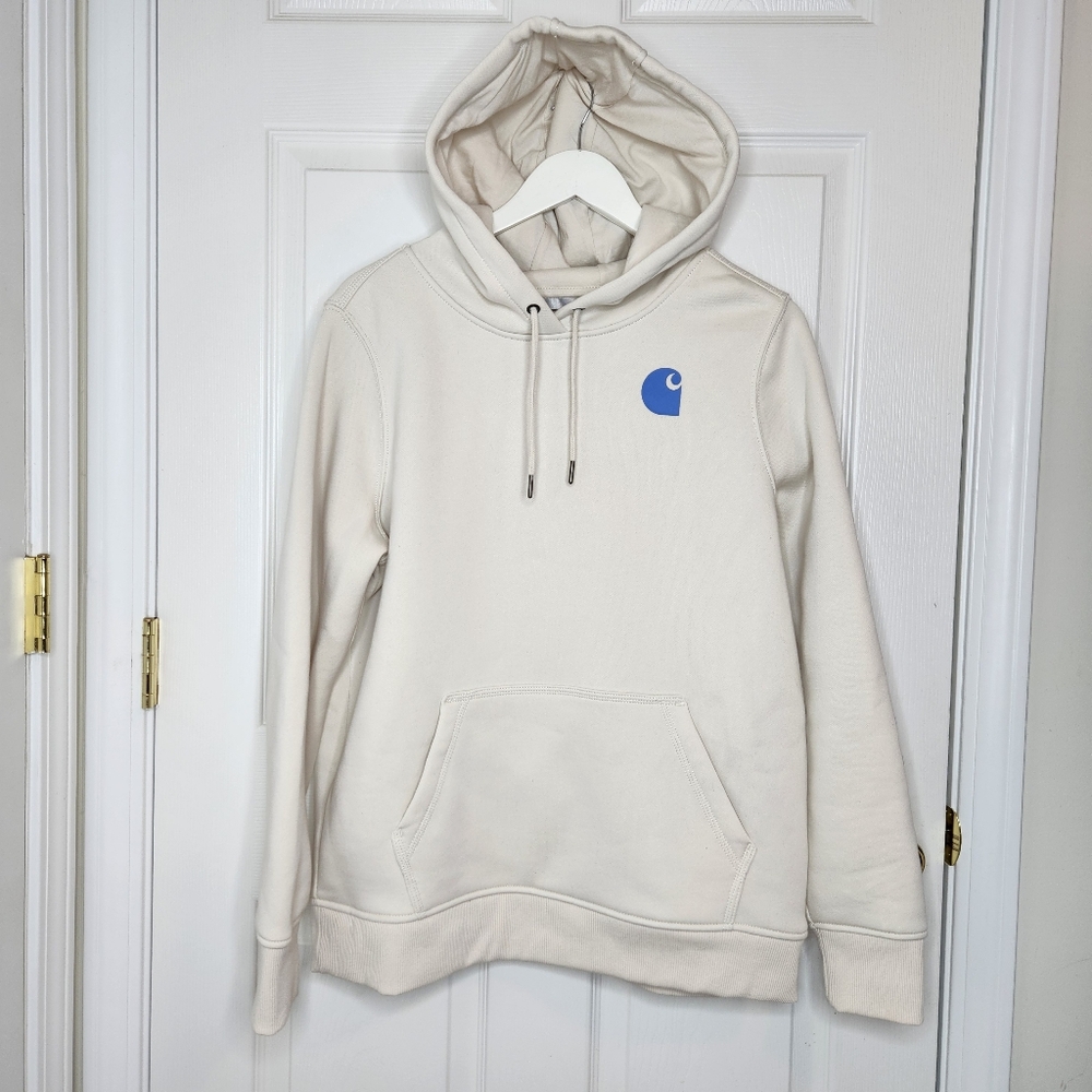 Carhartt Sweatshirt Hoodie Cream Blue Size Large Relaxed Fit